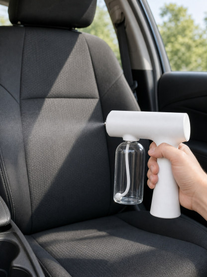 Portable Nano Mist Sprayer used on a fabric car seat