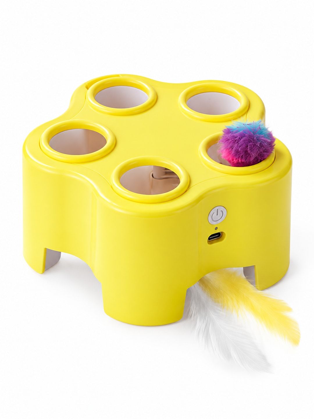 Yellow PopChase electric cat toy with five top openings, a fluffy pompom and a lower feather lure