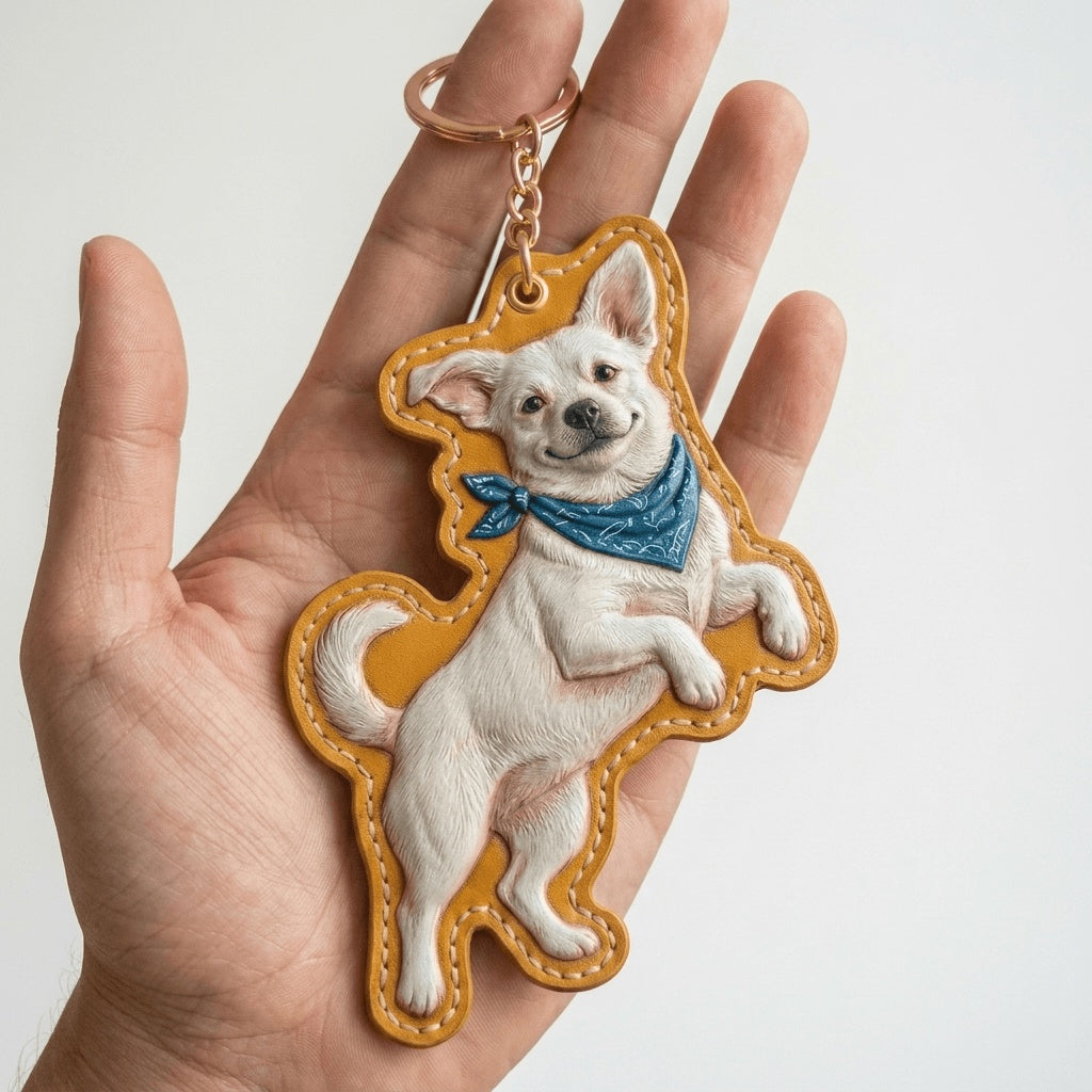 Custom Leather Pet Portrait Keychain - Freeform Shape detail 3