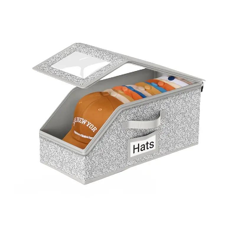 Stackable Hat Storage Box with Clear Lid, Foldable Closet Organizer for Baseball Caps and Wardrobe Storage