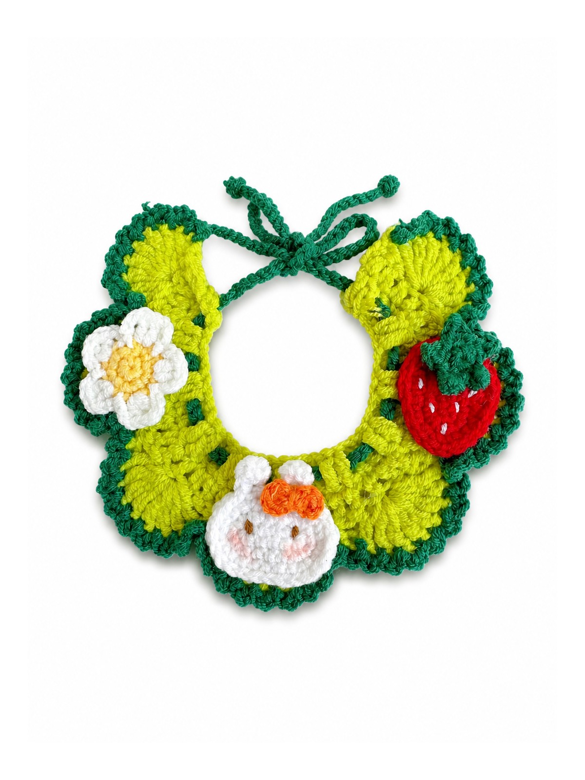 Green Bunny Havomi Garden Party crochet pet collar bib on white