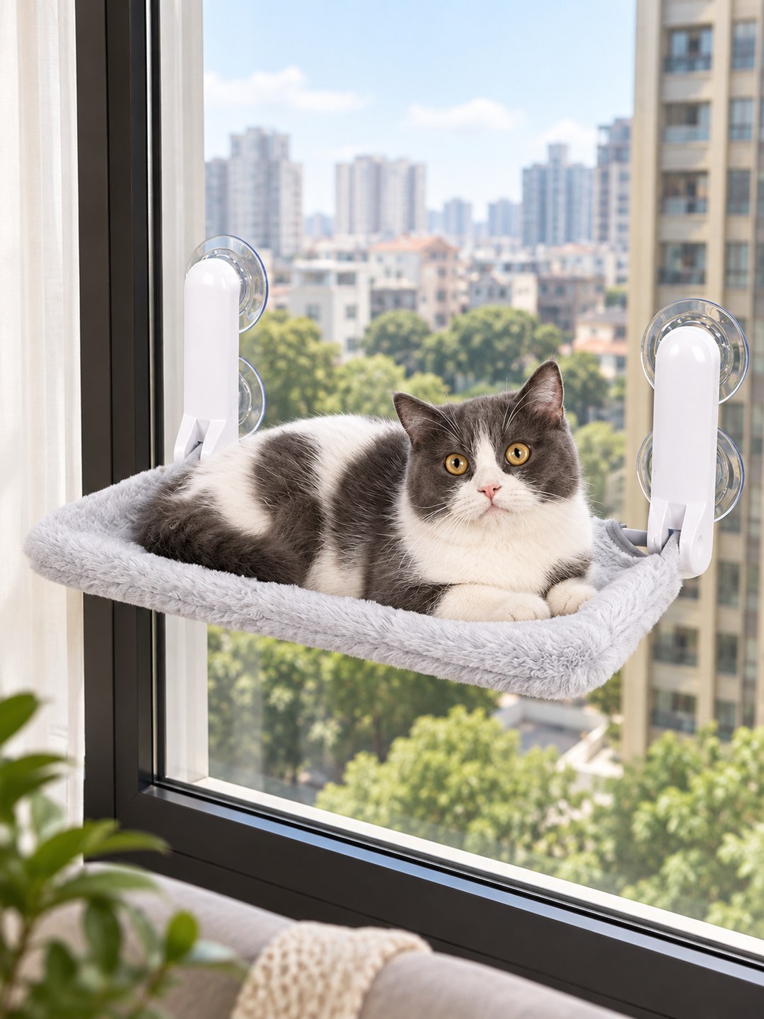 Havomi SkyNest Foldable Window Cat Hammock - gray plush