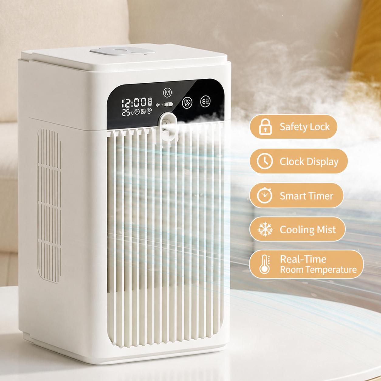 Portable Desktop Evaporative Air Cooler, 500mL Mini Mist Fan with 2 Speeds, Smart Timer, Clock and Room Temperature Display for Bedroom Office Home Summer Cooling