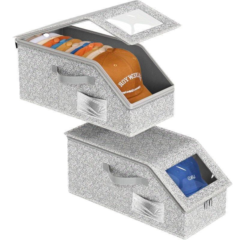 Stackable Hat Storage Box with Clear Lid, Foldable Closet Organizer for Baseball Caps and Wardrobe Storage