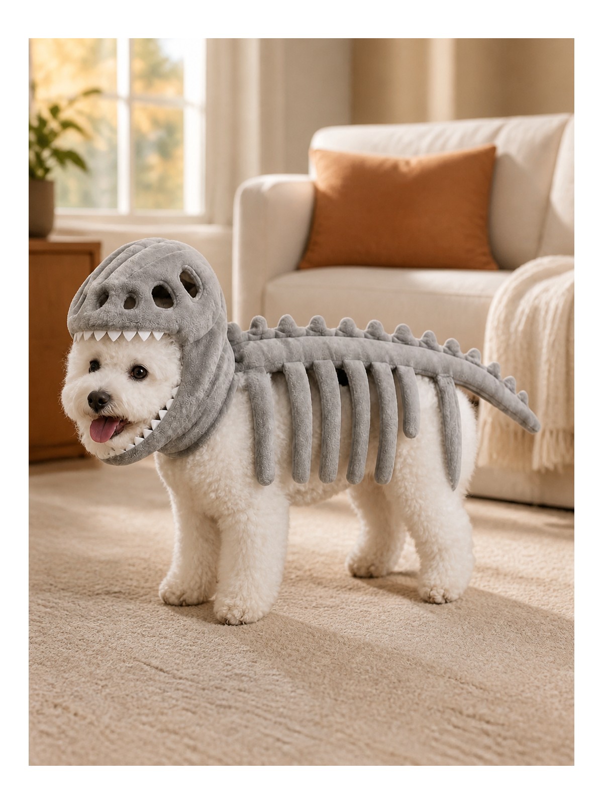 Dog wearing the Havomi DinoGlow skeleton costume at home