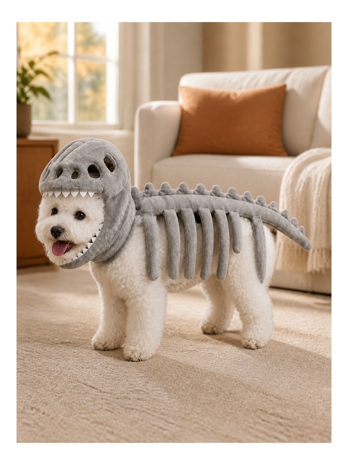 Dog wearing the Havomi DinoGlow skeleton costume at home