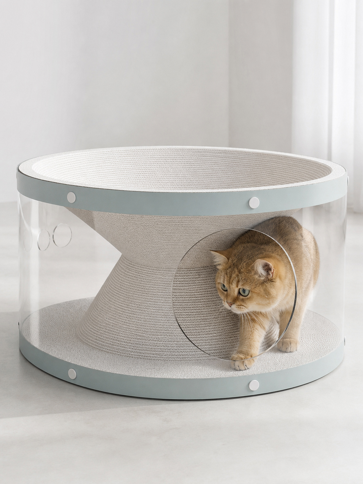Cat resting fully inside the transparent lower tunnel