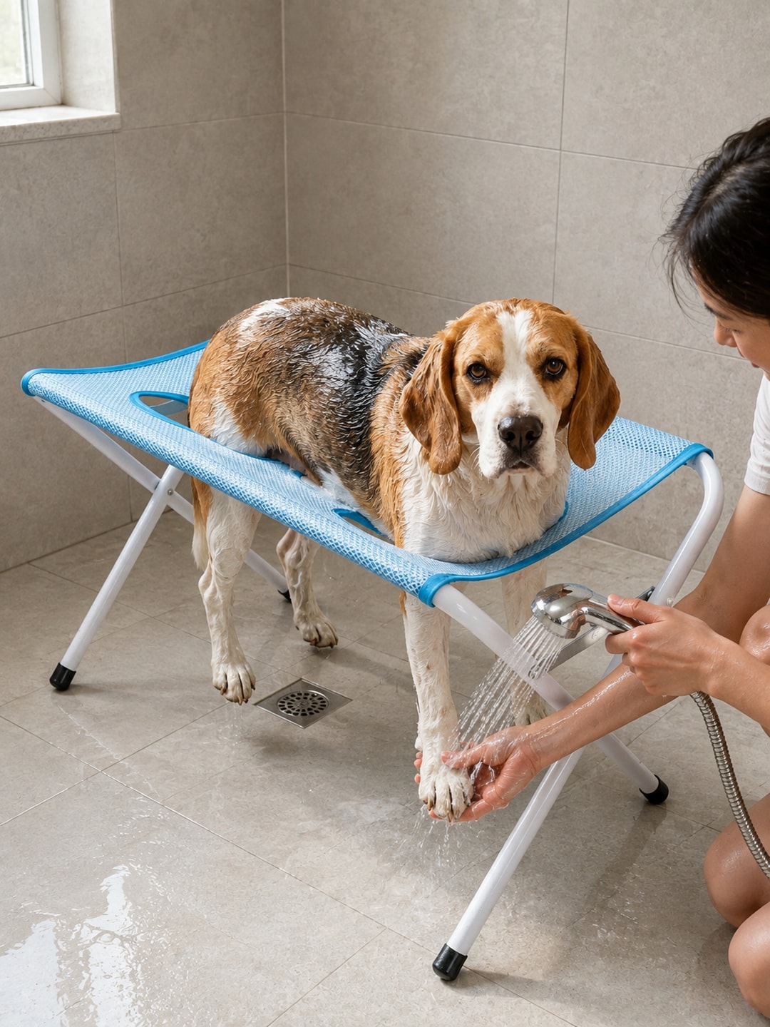 Owner rinsing a dog's lower leg with a handheld shower while the blue bathing stand supports its body