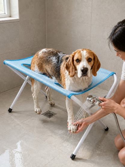 Owner rinsing a dog's lower leg with a handheld shower while the blue bathing stand supports its body