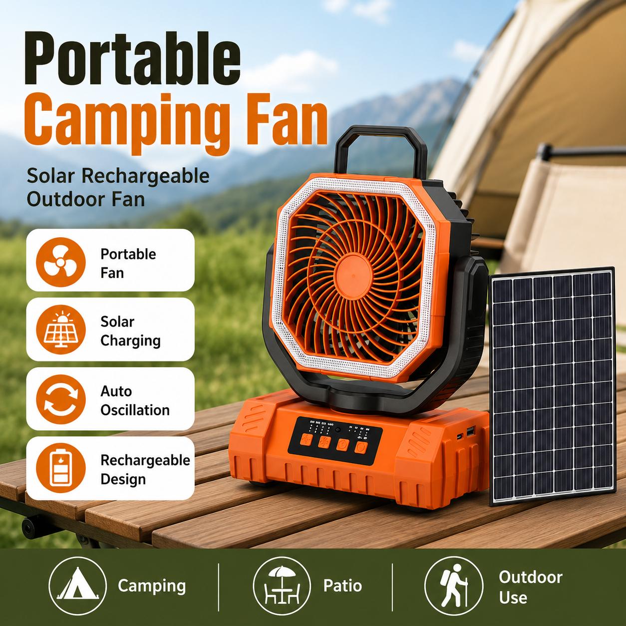 Portable Camping Fan, USB Rechargeable Oscillating Desk Fan, Quiet Outdoor Table Fan with Powerful Airflow for Camping, Office, Patio, Travel