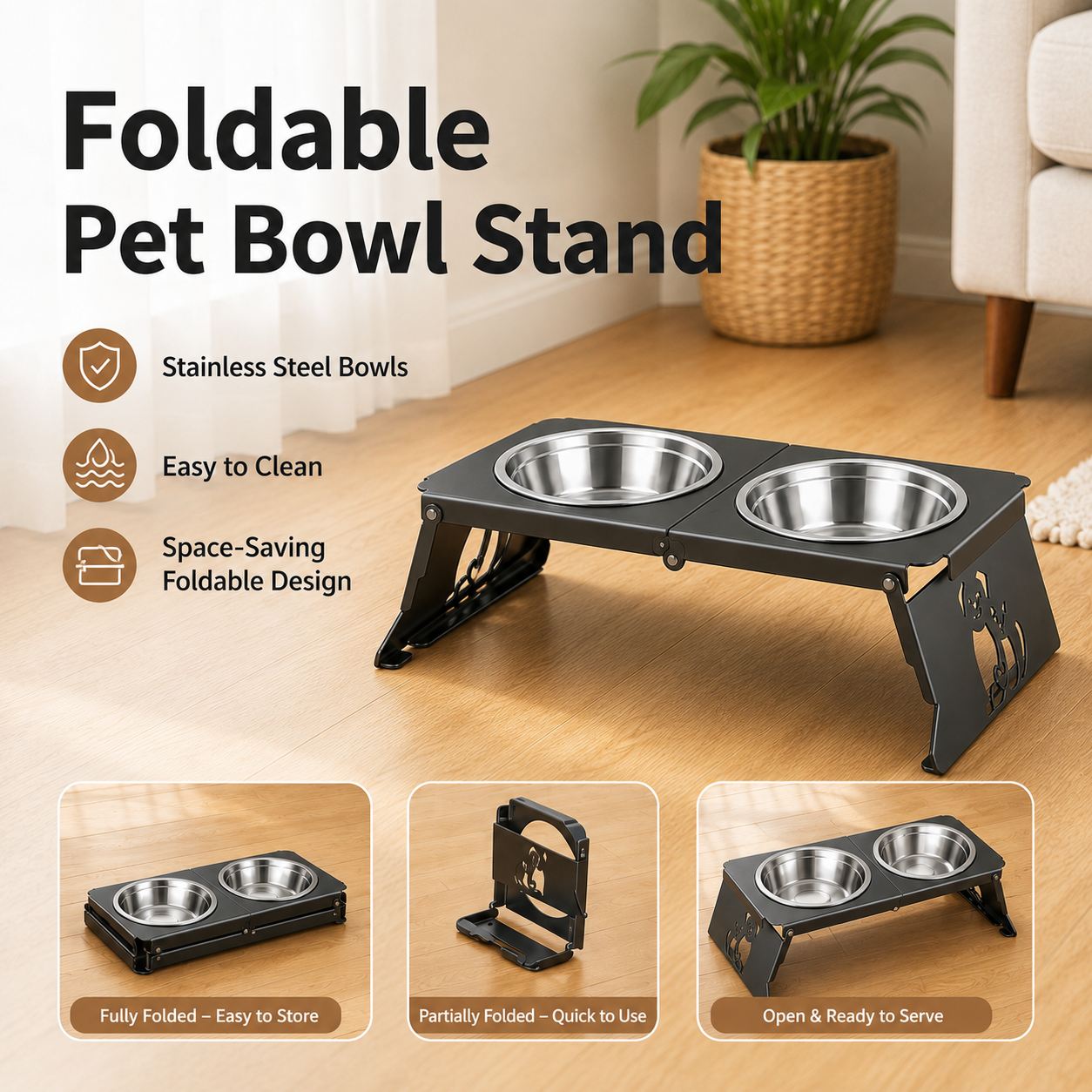 Foldable Elevated Pet Bowl Stand with 2 Stainless Steel Bowls for Cats and Dogs
