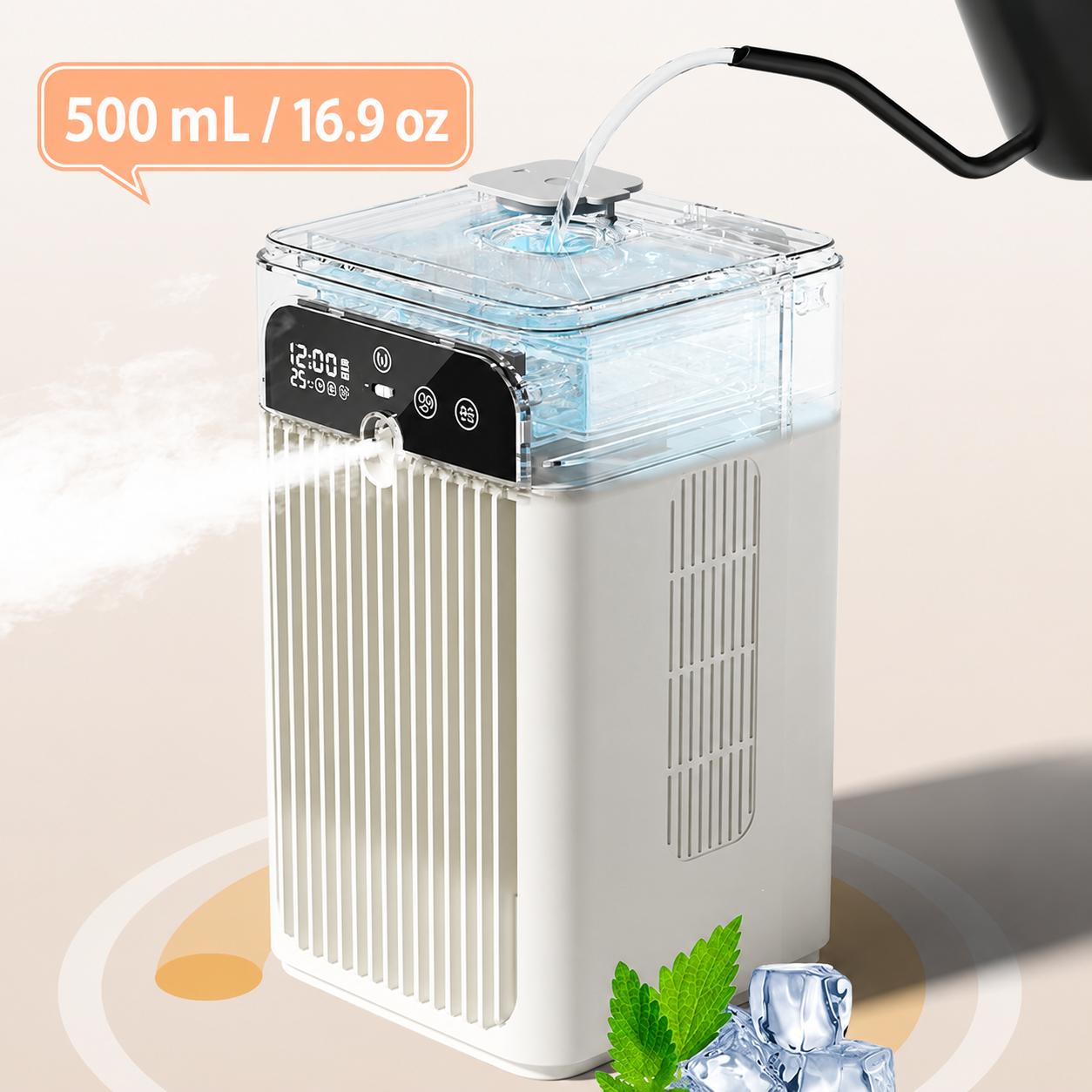 Portable Desktop Evaporative Air Cooler, 500mL Mini Mist Fan with 2 Speeds, Smart Timer, Clock and Room Temperature Display for Bedroom Office Home Summer Cooling