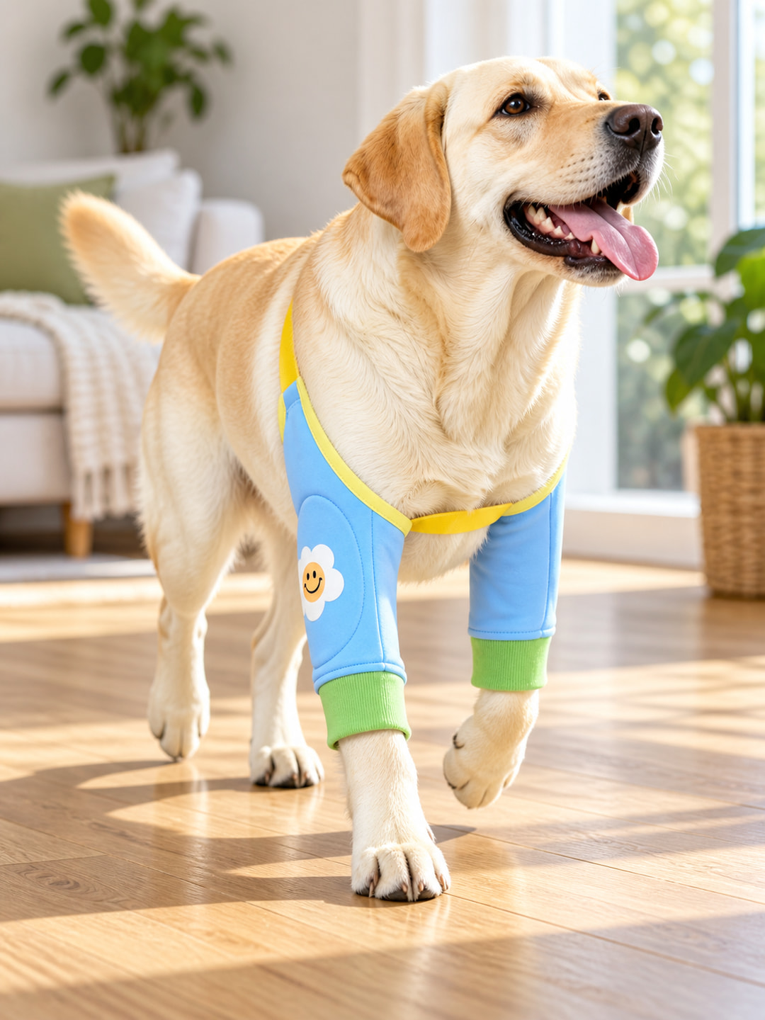 Dog moving in flexible elbow sleeves