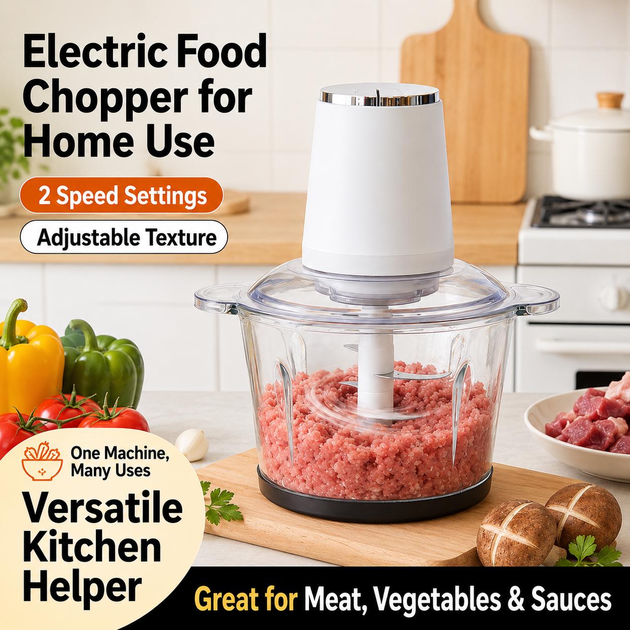 This electric food chopper comes with two blade sets and a cleaning brush for easy daily use. Great for chopping meat, vegetables, garlic, onions, and preparing sauces, fillings, and baby food.