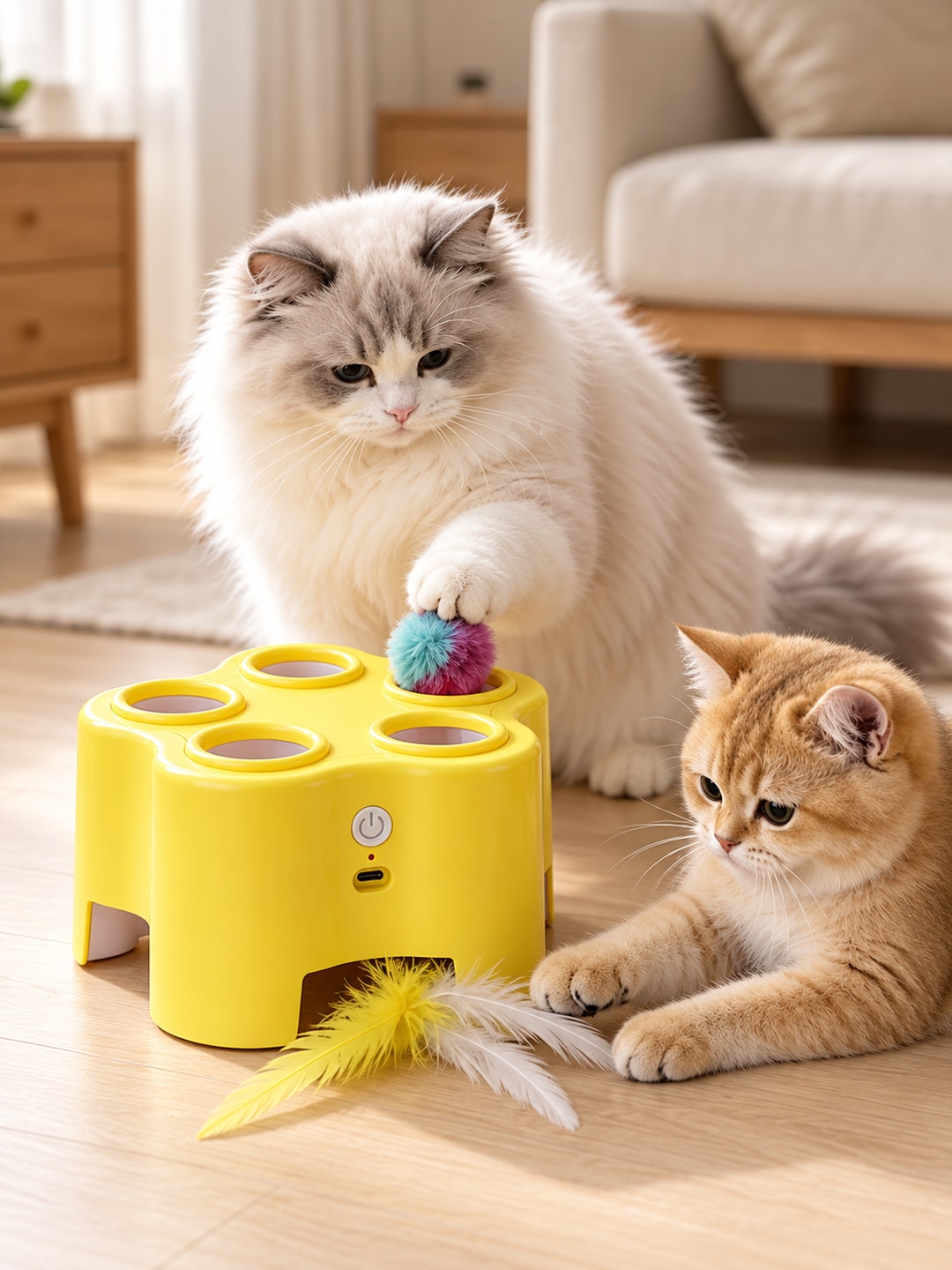 Two cats exploring a yellow PopChase toy, reaching for its top pompom and lower feather lure