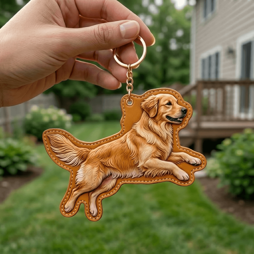 Custom Leather Pet Portrait Keychain - Freeform Shape detail 4
