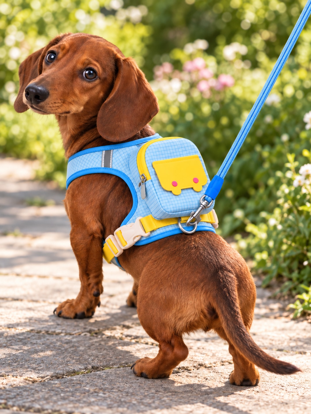 Small brown dog wearing the blue PocketFit backpack harness outdoors