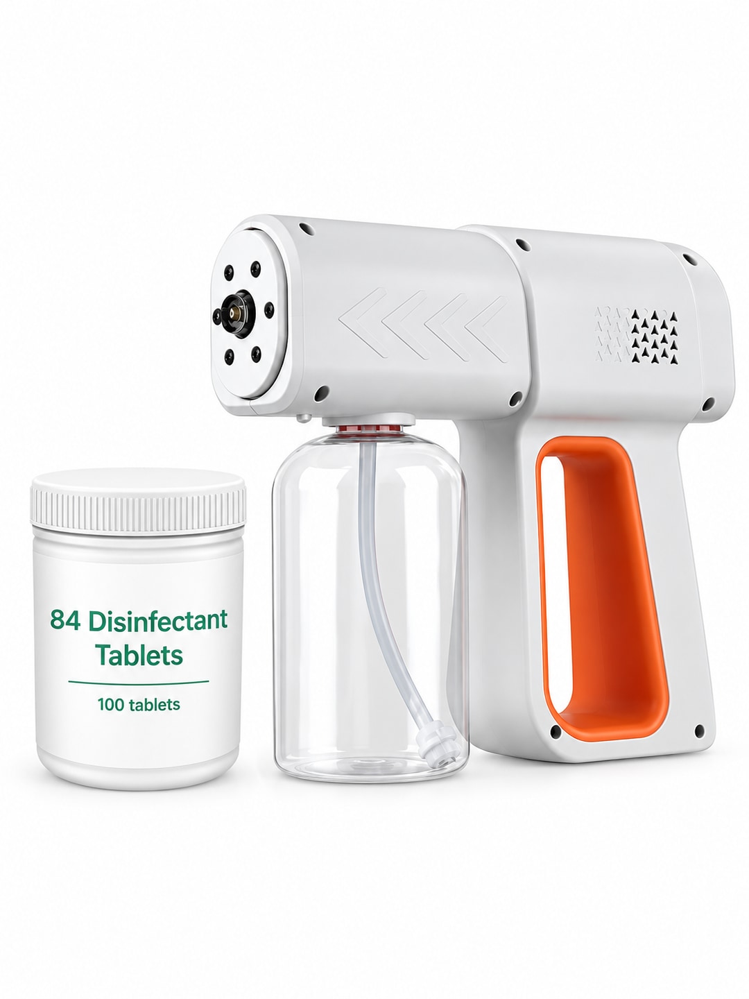 White K6PRO electric spray gun with orange grip, 380 mL bottle and a 100-tablet jar