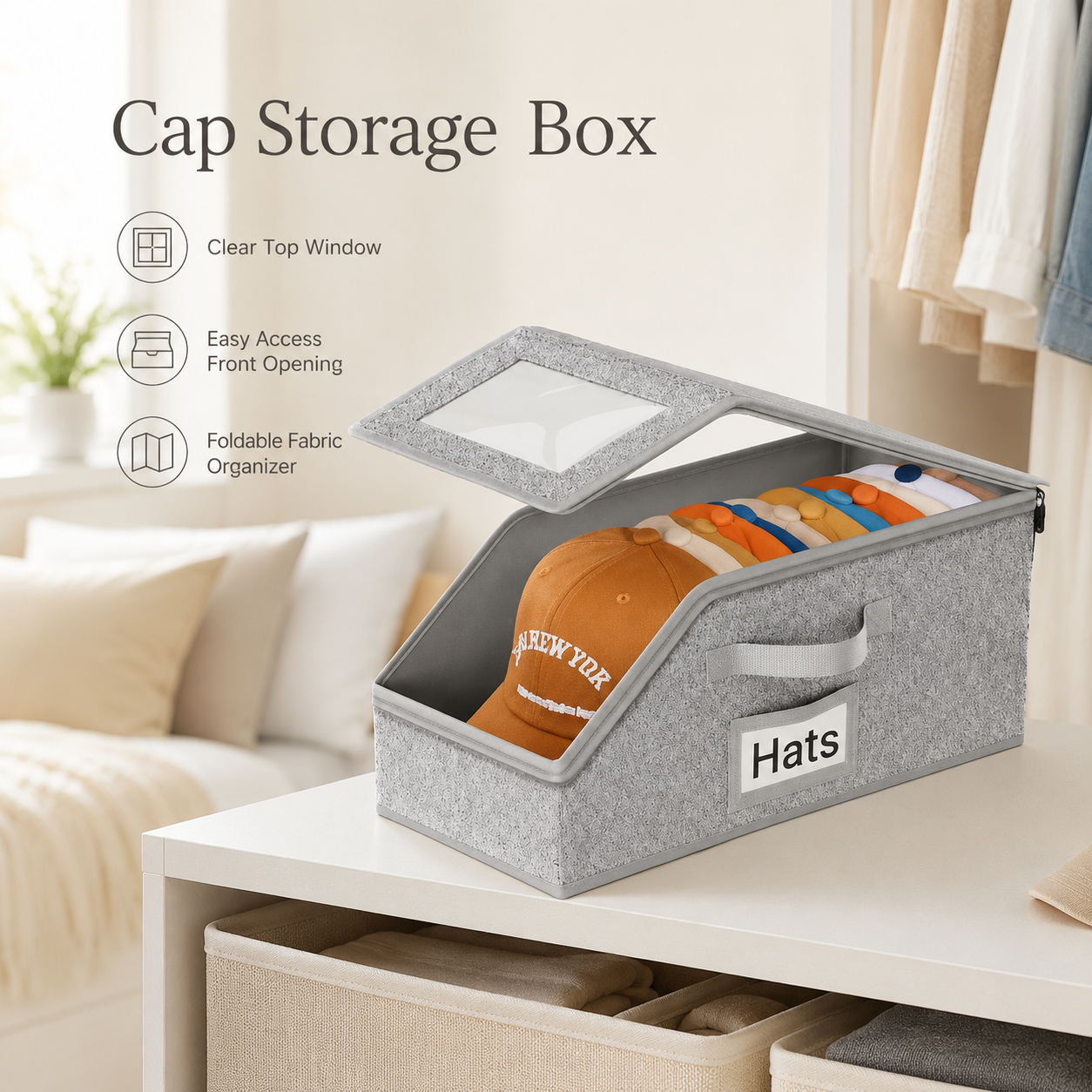 Stackable Hat Storage Box with Clear Lid, Foldable Closet Organizer for Baseball Caps and Wardrobe Storage