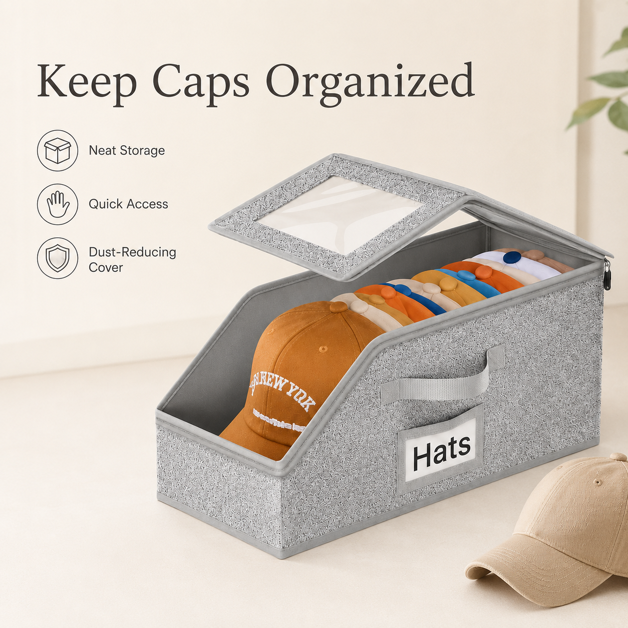 Stackable Hat Storage Box with Clear Lid, Foldable Closet Organizer for Baseball Caps and Wardrobe Storage