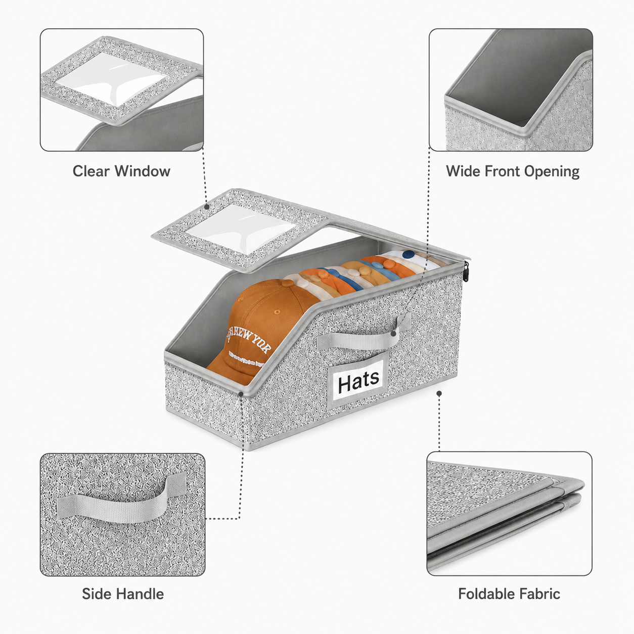 Stackable Hat Storage Box with Clear Lid, Foldable Closet Organizer for Baseball Caps and Wardrobe Storage