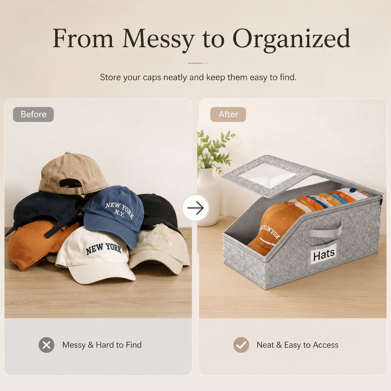 Stackable Hat Storage Box with Clear Lid, Foldable Closet Organizer for Baseball Caps and Wardrobe Storage