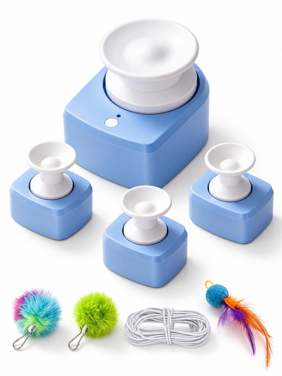 Blue standard cat chaser set with one powered base, three guide bases, cord and three lure attachments