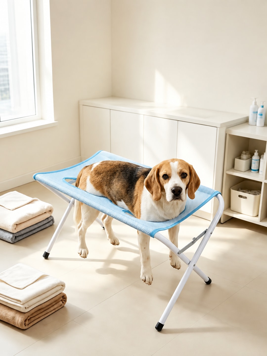 Blue mesh grooming stand supporting a dog during supervised use