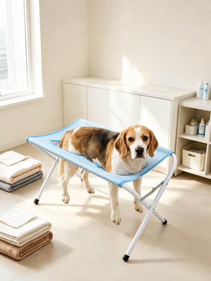 Blue mesh grooming stand supporting a dog during supervised use