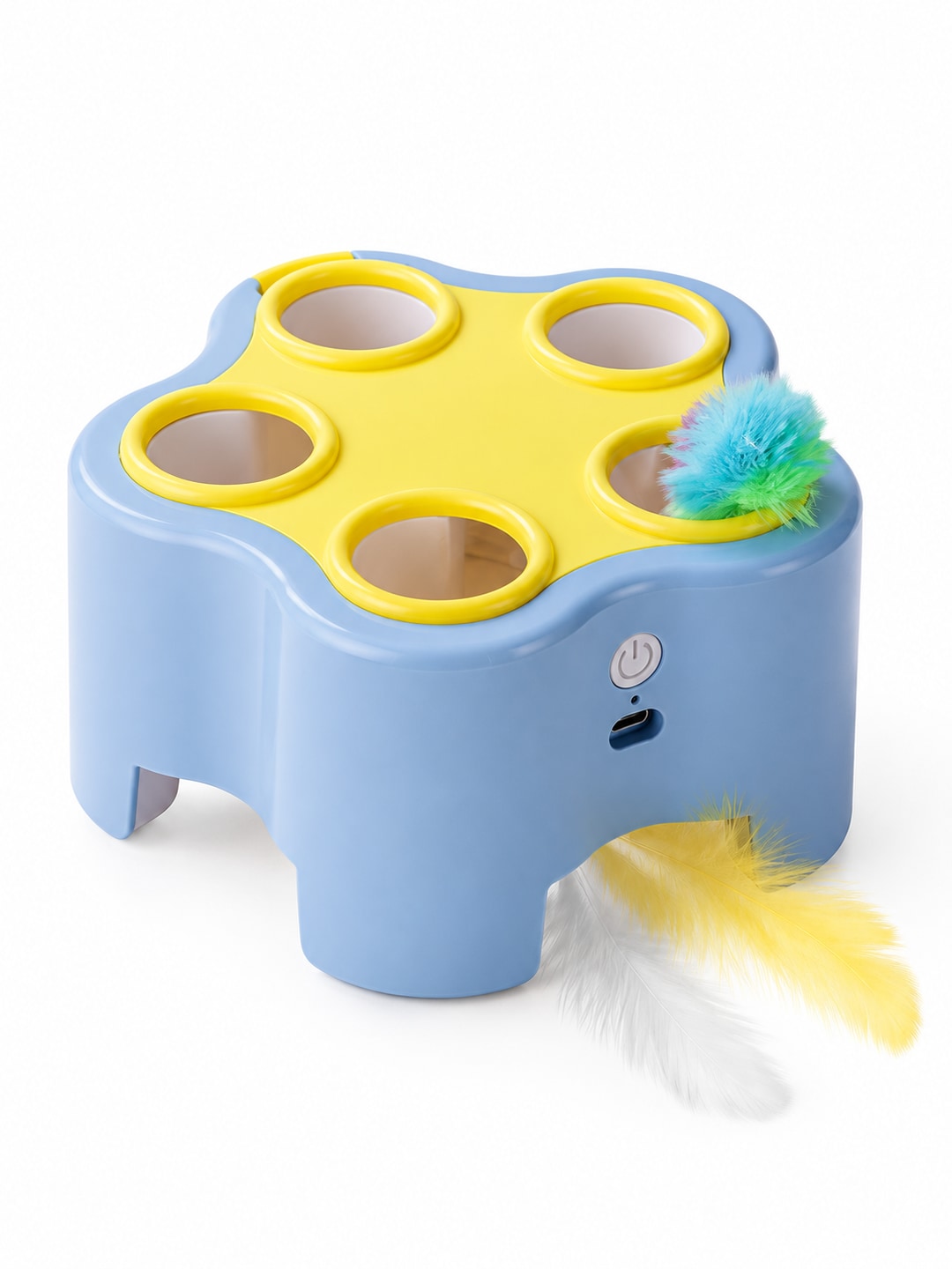Blue Body / Yellow Lid PopChase electric cat toy with five top openings, a fluffy pompom and a lower feather lure
