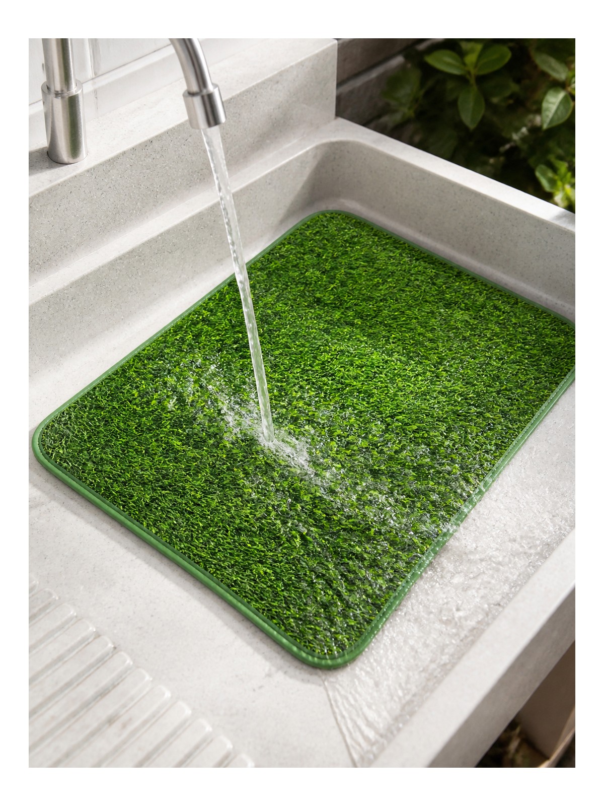 Havomi TurfEase dog potty mat being rinsed clean