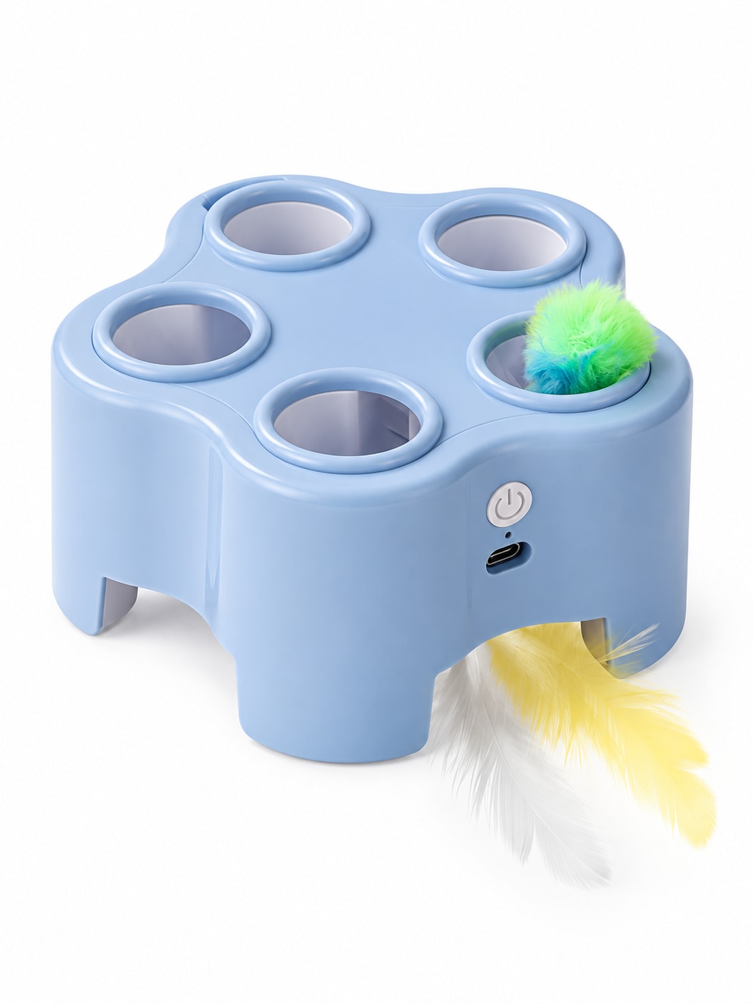 Blue PopChase electric cat toy with five top openings, a fluffy pompom and a lower feather lure