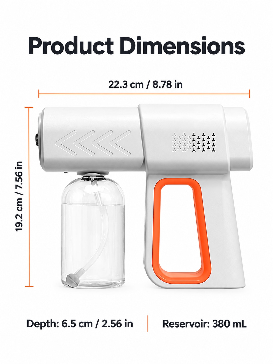 K6PRO sprayer dimensions of 22.3 x 19.2 x 6.5 cm and a 380 mL reservoir