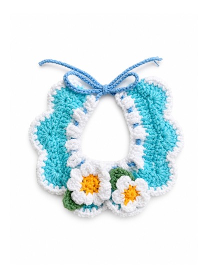 Blue Daisy Havomi Garden Party crochet pet collar bib, size S