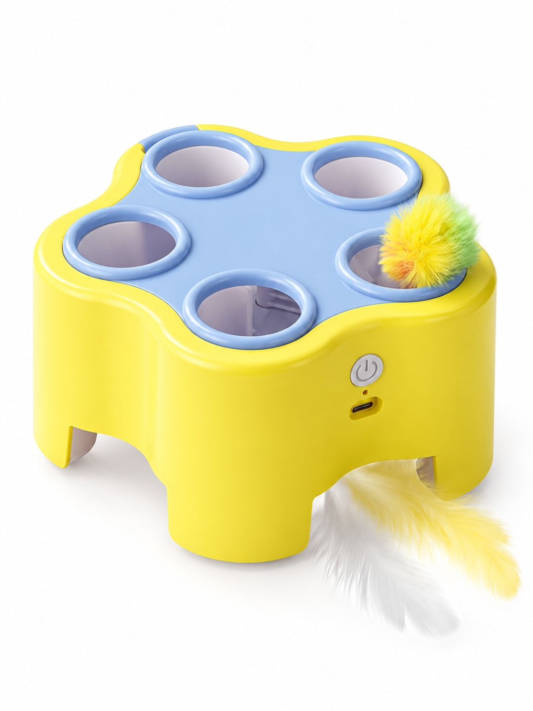 Yellow Body / Blue Lid PopChase electric cat toy with five top openings, a fluffy pompom and a lower feather lure