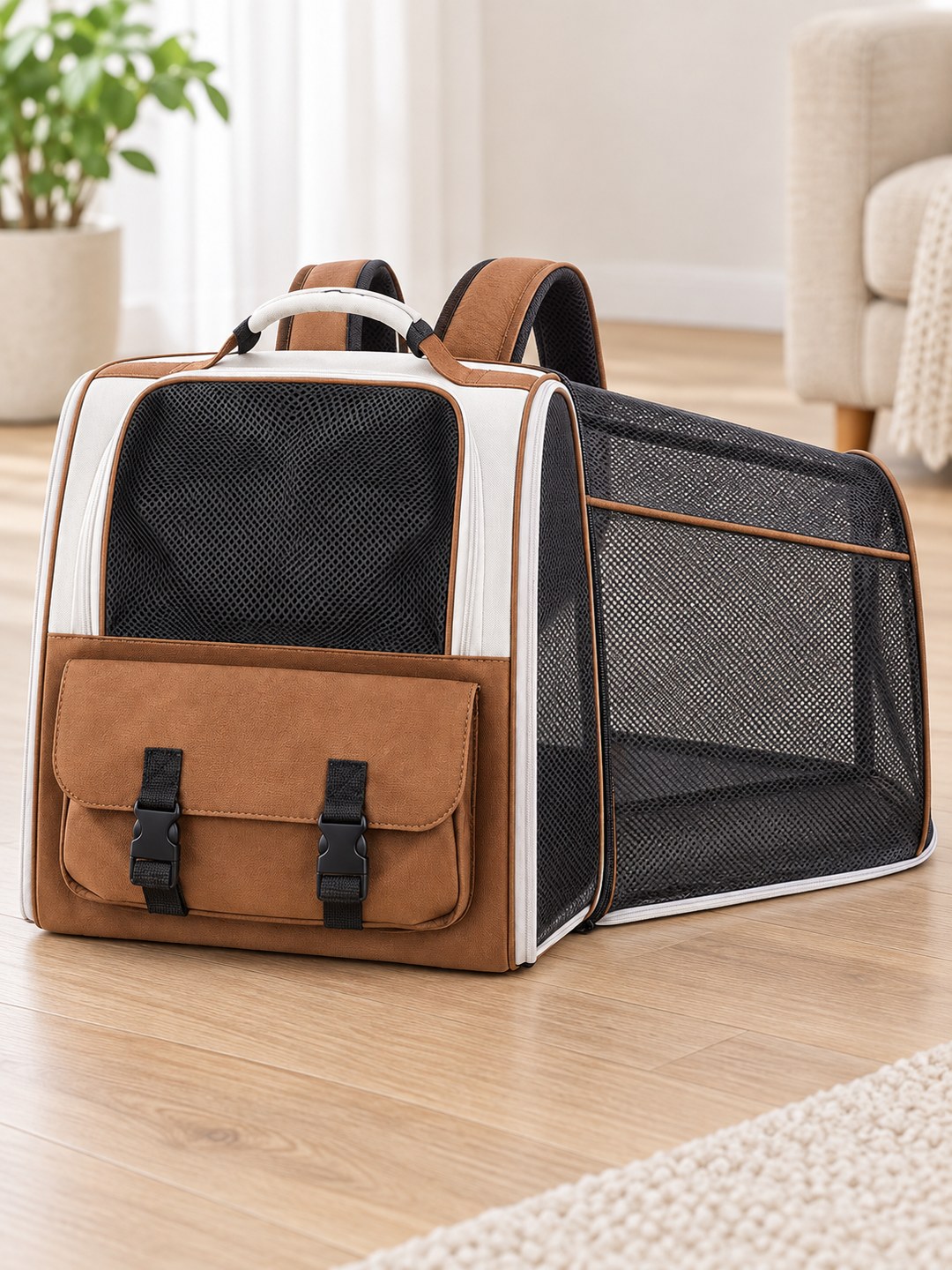 Havomi AirVoyage Structured Pet Carrier Backpack - expandable milk coffee