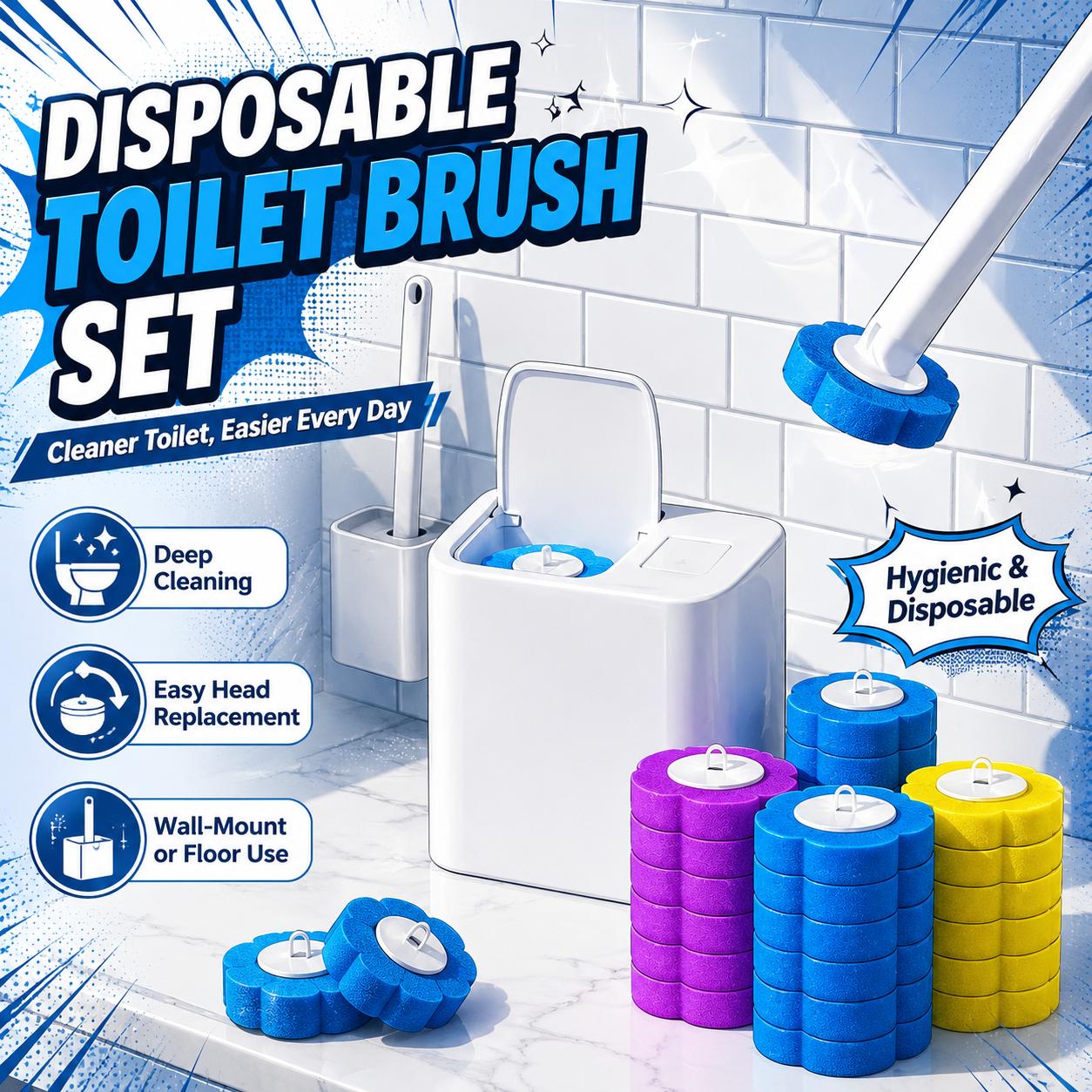 Disposable Toilet Wand Set with 18 Refills, Long Handle and Wall Mount Holder for Bathroom Cleaning image 1