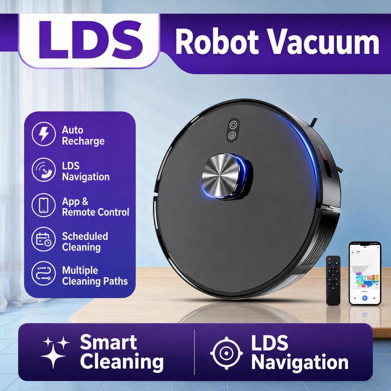 LDS Robot Vacuum and Mop Combo, 3-in-1 Smart Vacuum Cleaner with App Control, Electric Water Tank, Auto Recharge, Laser Navigation for Hard Floors, Pet Hair, Home