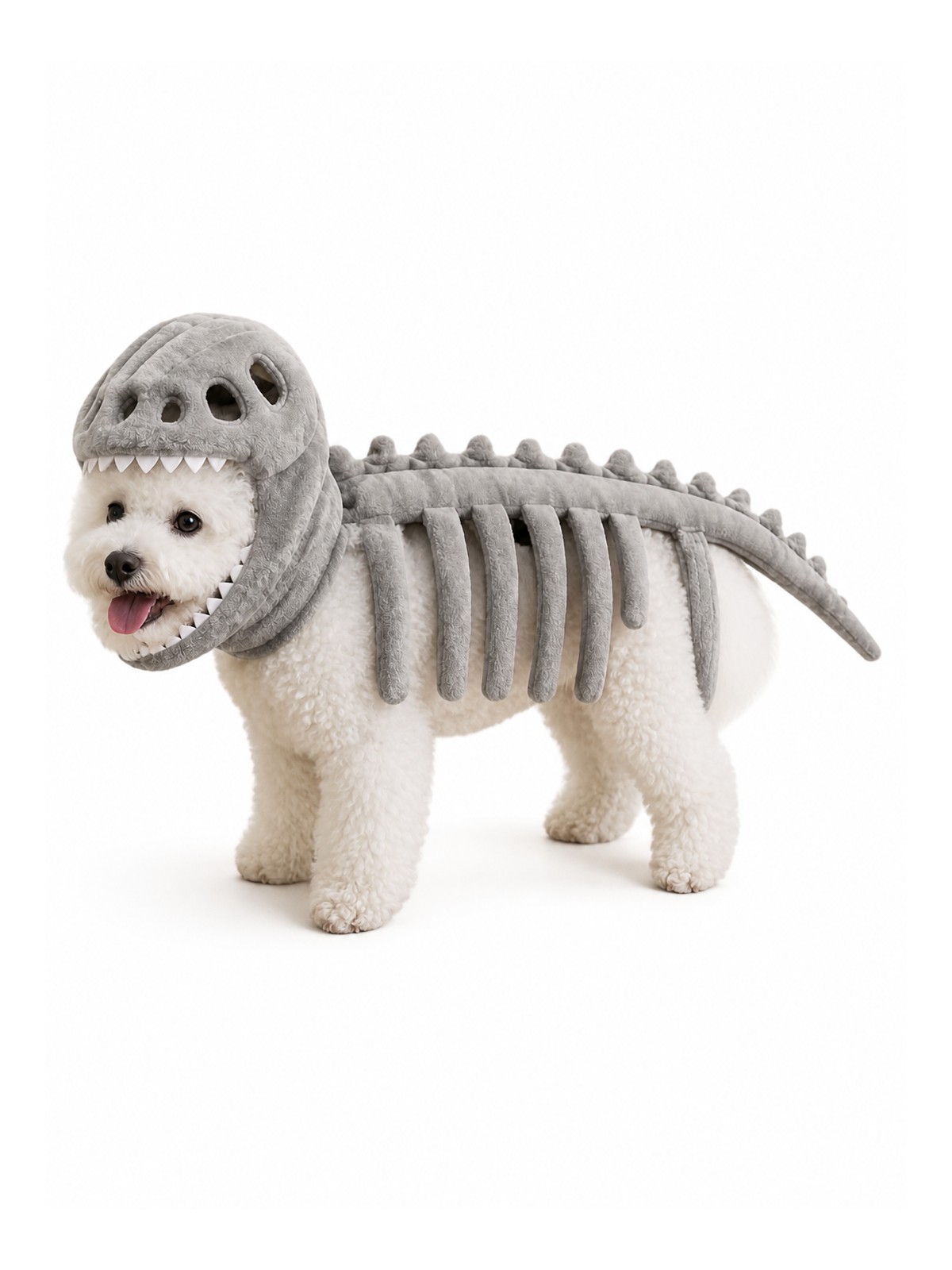 Gray Havomi DinoGlow plush dinosaur skeleton pet costume on white