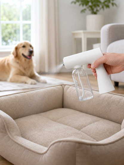 Portable Nano Mist Sprayer refreshing an empty washable pet bed