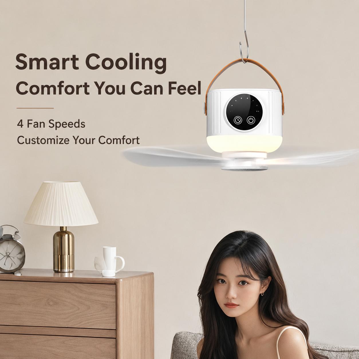 Rechargeable Portable Ceiling Fan, USB Hanging Fan with Remote Control, 4-Speed Battery Powered Fan for Dorm Bed, Tent, Camping, Outdoor, Home and Travel