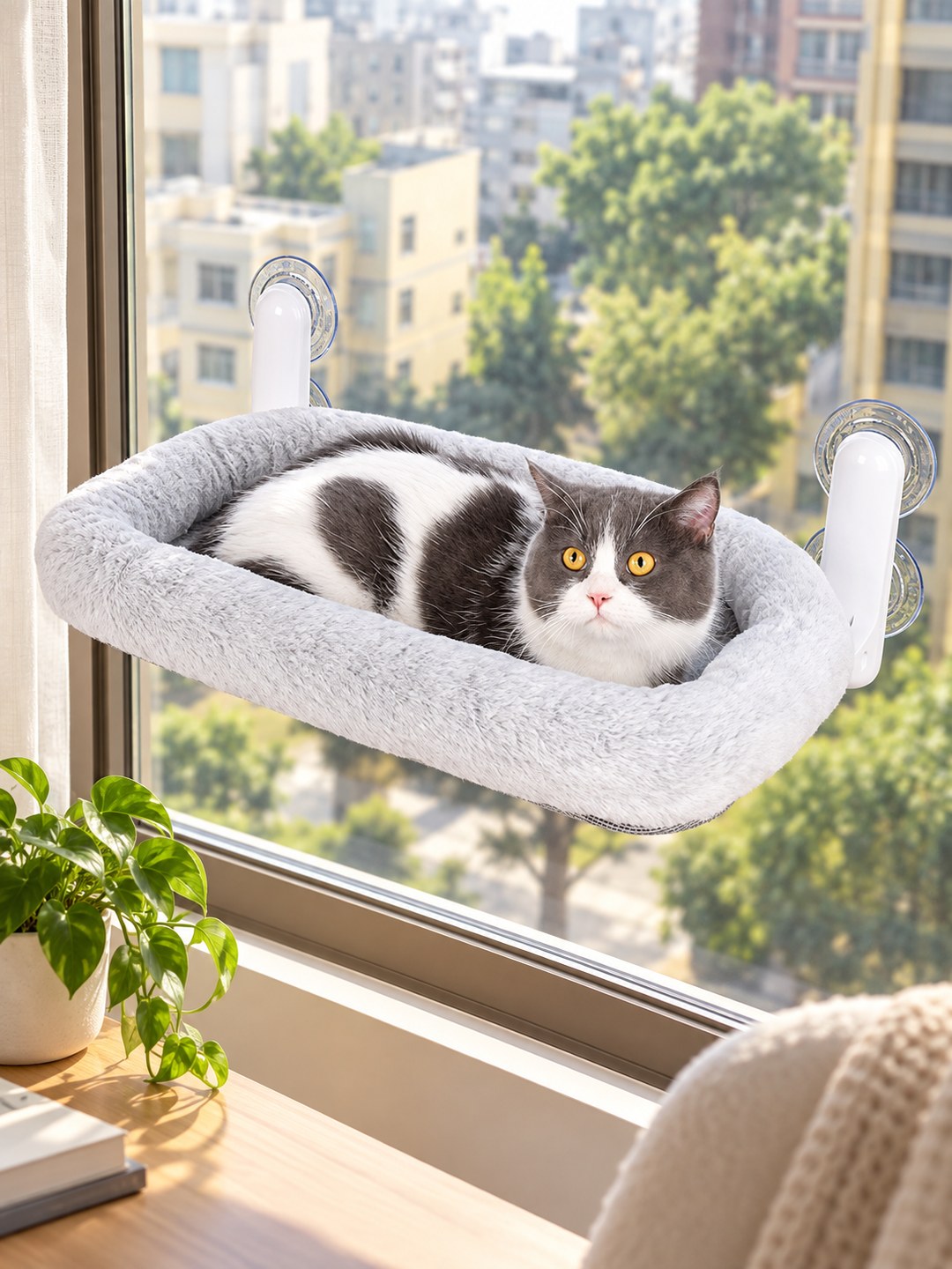 Havomi SkyNest Foldable Window Cat Hammock - gray plush nest