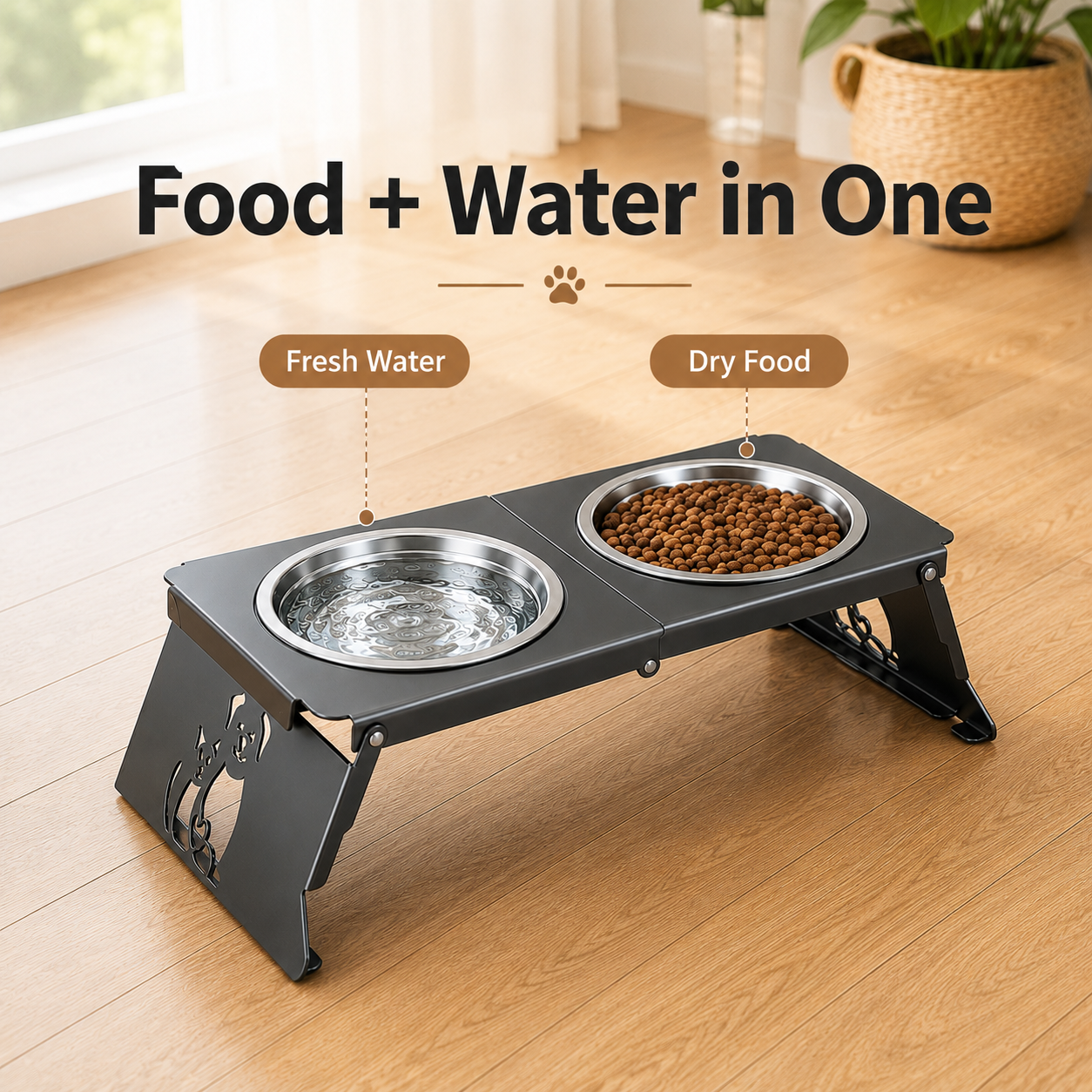 Foldable Elevated Pet Bowl Stand with 2 Stainless Steel Bowls for Cats and Dogs