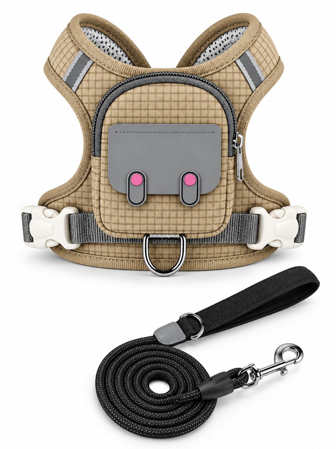 Havomi PocketFit backpack dog harness and leash in beige