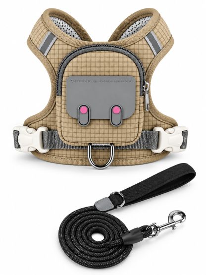Havomi PocketFit backpack dog harness and leash in beige
