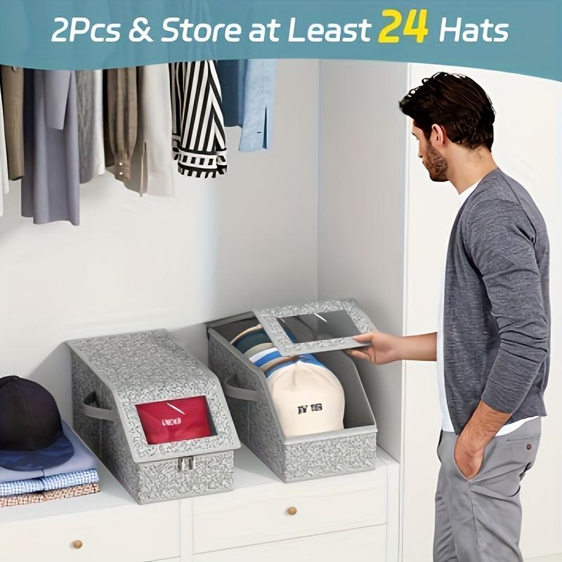 Stackable Hat Storage Box with Clear Lid, Foldable Closet Organizer for Baseball Caps and Wardrobe Storage