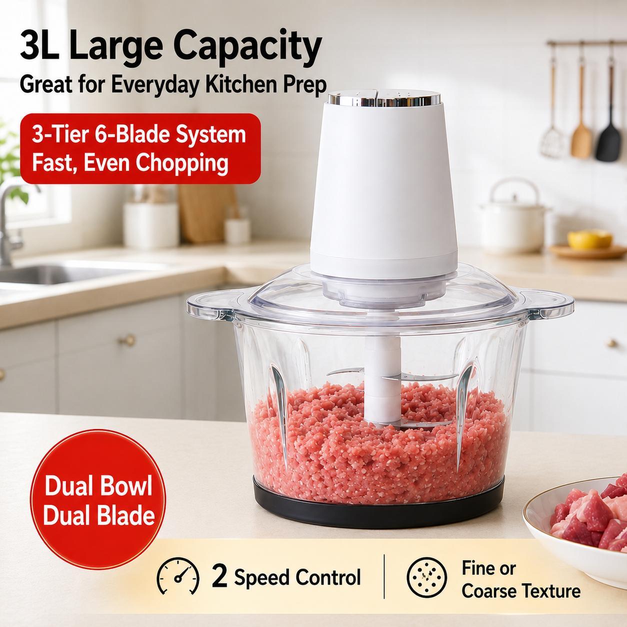 This electric food chopper comes with two blade sets and a cleaning brush for easy daily use. Great for chopping meat, vegetables, garlic, onions, and preparing sauces, fillings, and baby food.