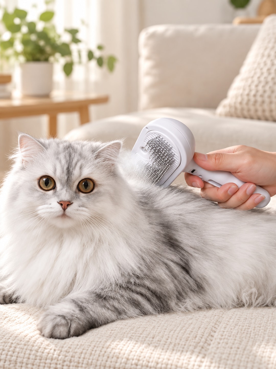 Hand gently grooming a long-haired cat with the white spray brush