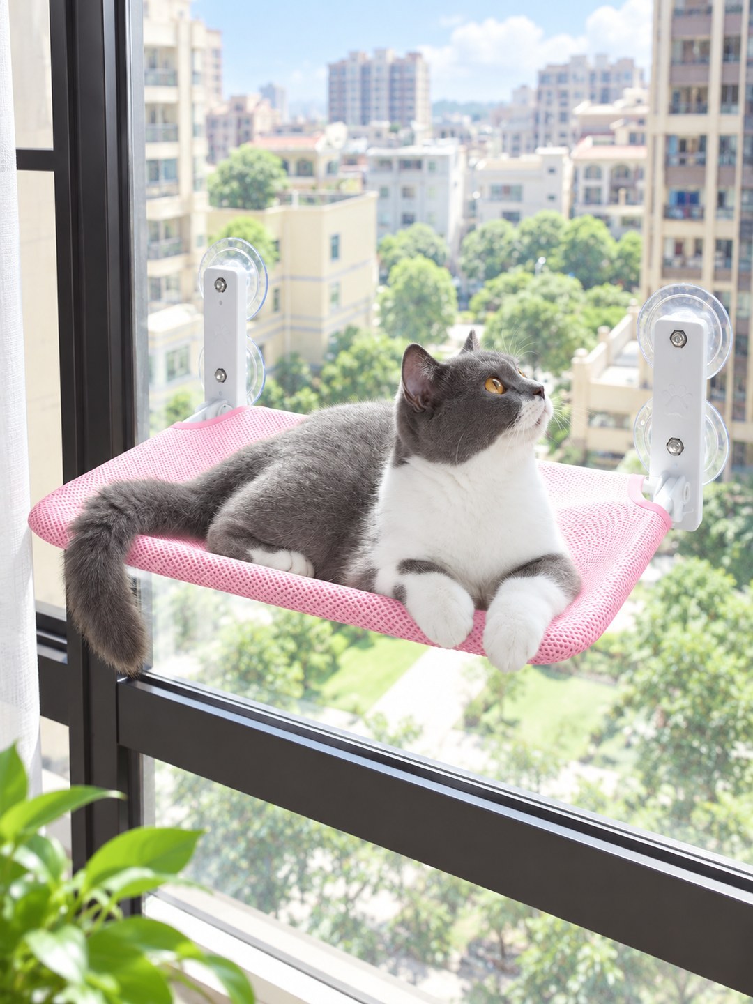 Havomi SkyNest Foldable Window Cat Hammock - pink mesh