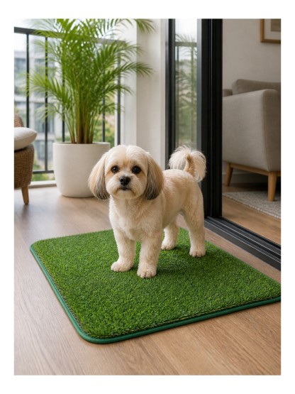 Dog using the Havomi TurfEase mat on a bright balcony